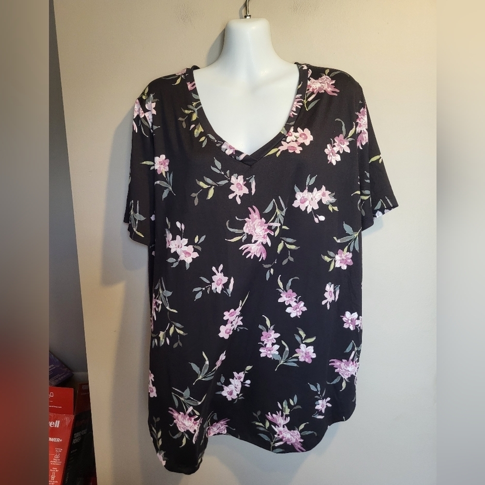 Eclipse Black and Pink Floral Short Sleeve Top, Size XL